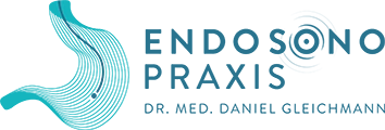 Markenlogo der gastroenterologischen Arztpraxis Endosonopraxis Dr. med. Daniel Gleichmann bei Fulda. Das Wort-Bild-Logo besteht aus einem türkis-blauen stilisierten Magen mit dunkelblauem Strich als Endoskop und einem dunkelblauem Schriftzug.